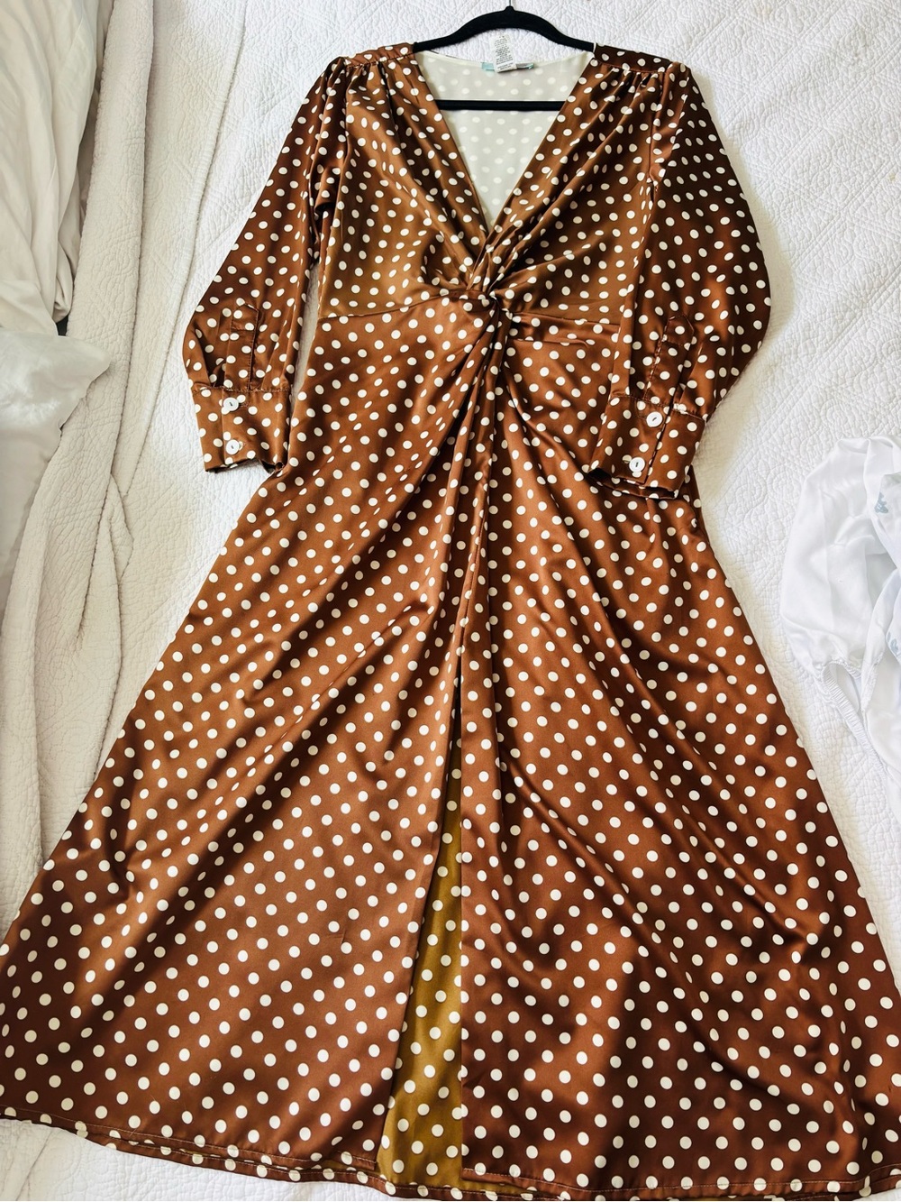 Brown Polka Dot Twist-Front Long Sleeve Midi Dress